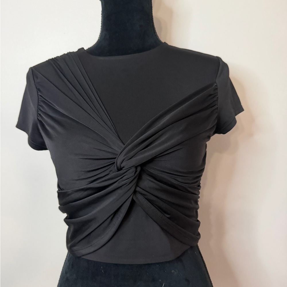Express Body Contour Black Twist Front Crop Top | Ruched Stretch Tee | Small